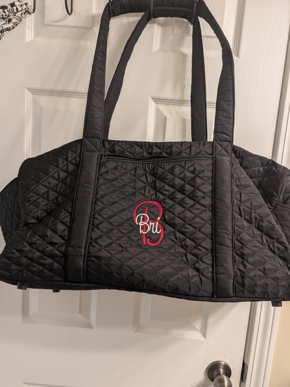 Quilted Black Tote Bag with Red Monogram B and Bri Over B In White